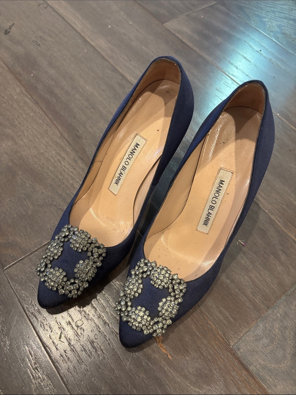 Manolo Blahnik Navy Satin Pointed Toe Pumps with Crystal Buckles